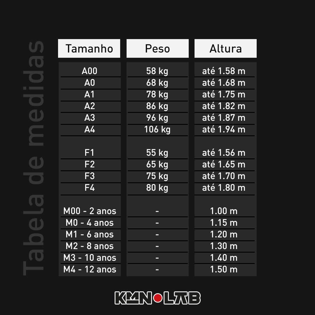 Tabela de tamanhos de Kimonos da KimonoLab