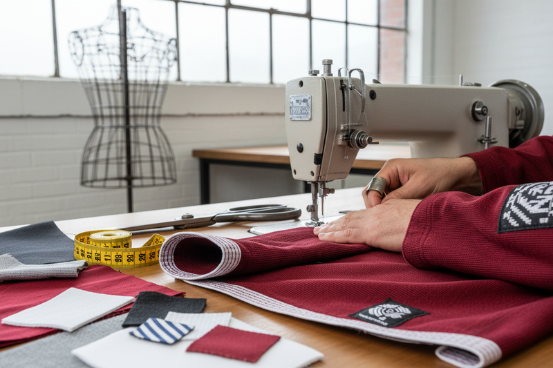 Uma imagem que remeta à Costura e Ajuste Inigualável de kimonos, rashguards e bermudas de Jiu Jitsu. Essa imagem vai ficar na landing page da minha loja de equipamentos de Jiu Jitsu chamada KimonoLab. Somos uma marca própria com cores vermelha (predominante), preto, branco, cinza e detalhes pequeno em azul. Não traga elementos de outras marcas ou nomes famosos do Jiu Jitsu como gracie ou renzo. 